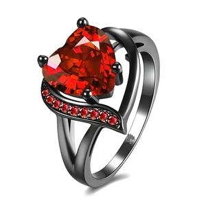 Elegant Red Heart Gemstone Ring with Black Band
